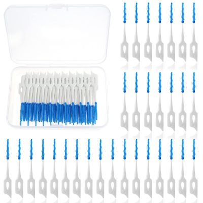 Ouligay 100PCS Dental Brushes Blue Interdental Brushes Dual-Use Silicone Interdental Dental Floss Brushes Disposable Toothpicks Floss Sticks for Braces Oral Cleaning