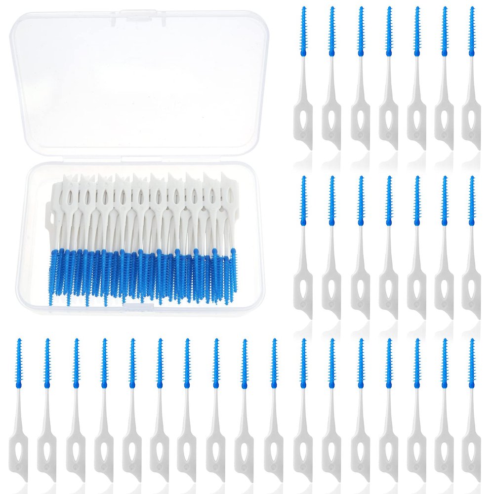 Ouligay 100PCS Dental Brushes Blue Interdental Brushes Dual-Use Silicone Interdental Dental Floss Brushes Disposable Toothpicks Floss Sticks for Braces Oral Cleaning