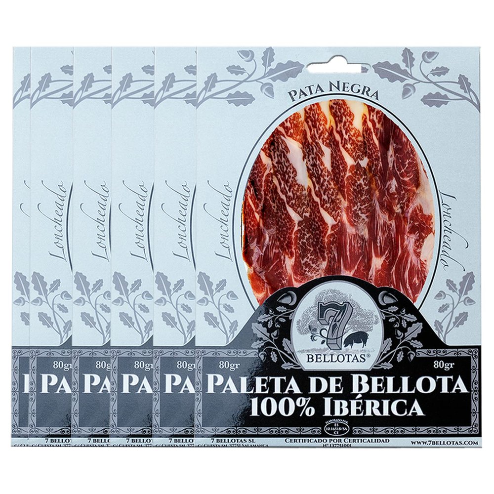 7 BELLOTAS 100% Iberico Ham Shoulder | Made From Acorn Fed Iberico Pigs and Natural Curation Process | Spanish Jamon Pata Negra | Paleta de Bellota Iberico | 26 Months (Sliced 6 X 80 gr.)
