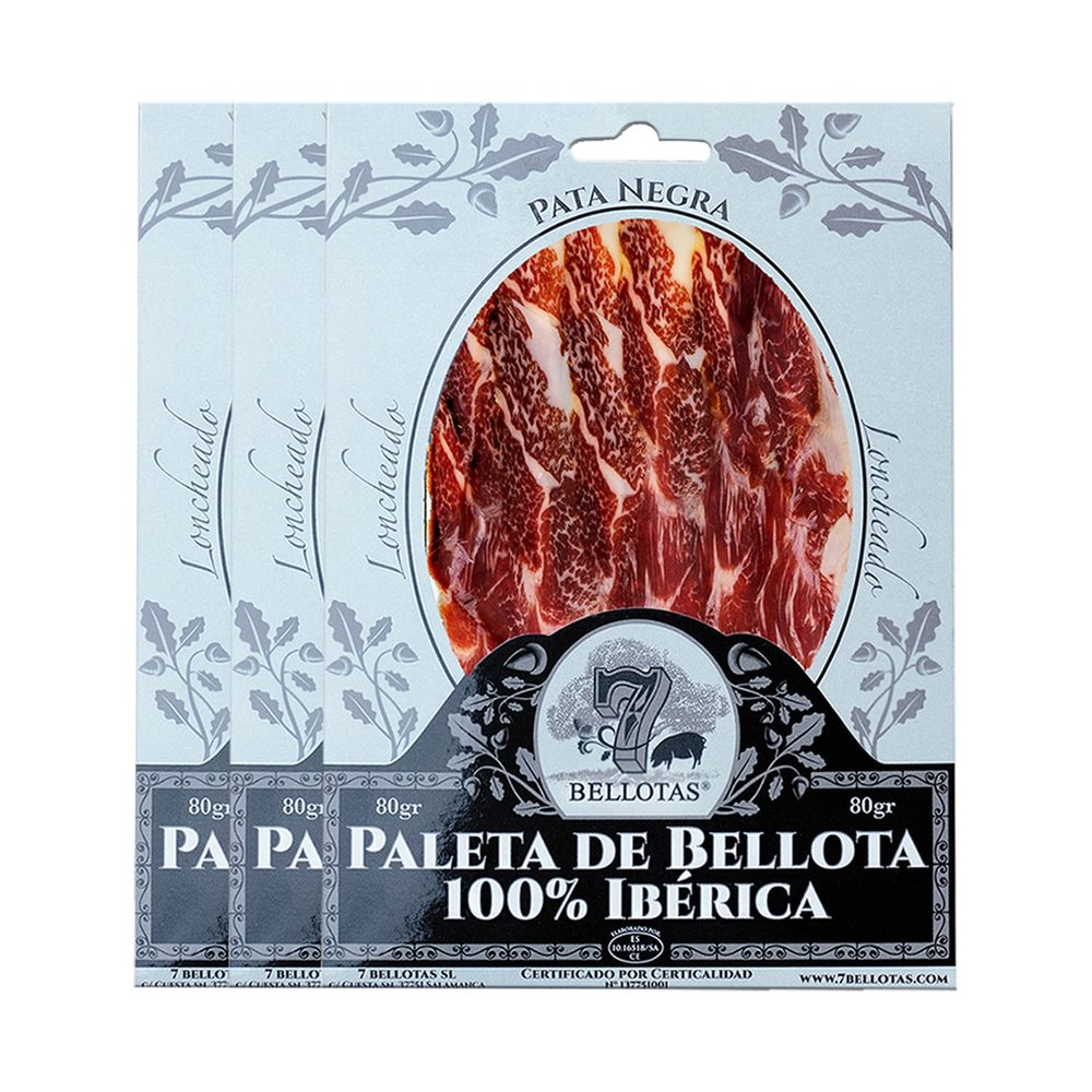 7 BELLOTAS 100% Iberico Ham Shoulder | Made From Acorn Fed Iberico Pigs and Natural Curation Process | Spanish Jamon Pata Negra | Paleta de Bellota Iberico | 26 Months (Sliced 3 X 80 gr.)