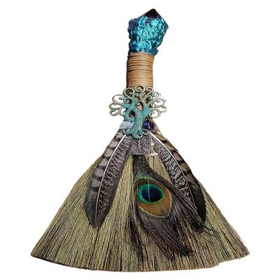 Broom Miscanthus Broom Decorated with Amethyst Crystal Feathered Wicca Brush for Ceremonial Wall Ritual Sacr