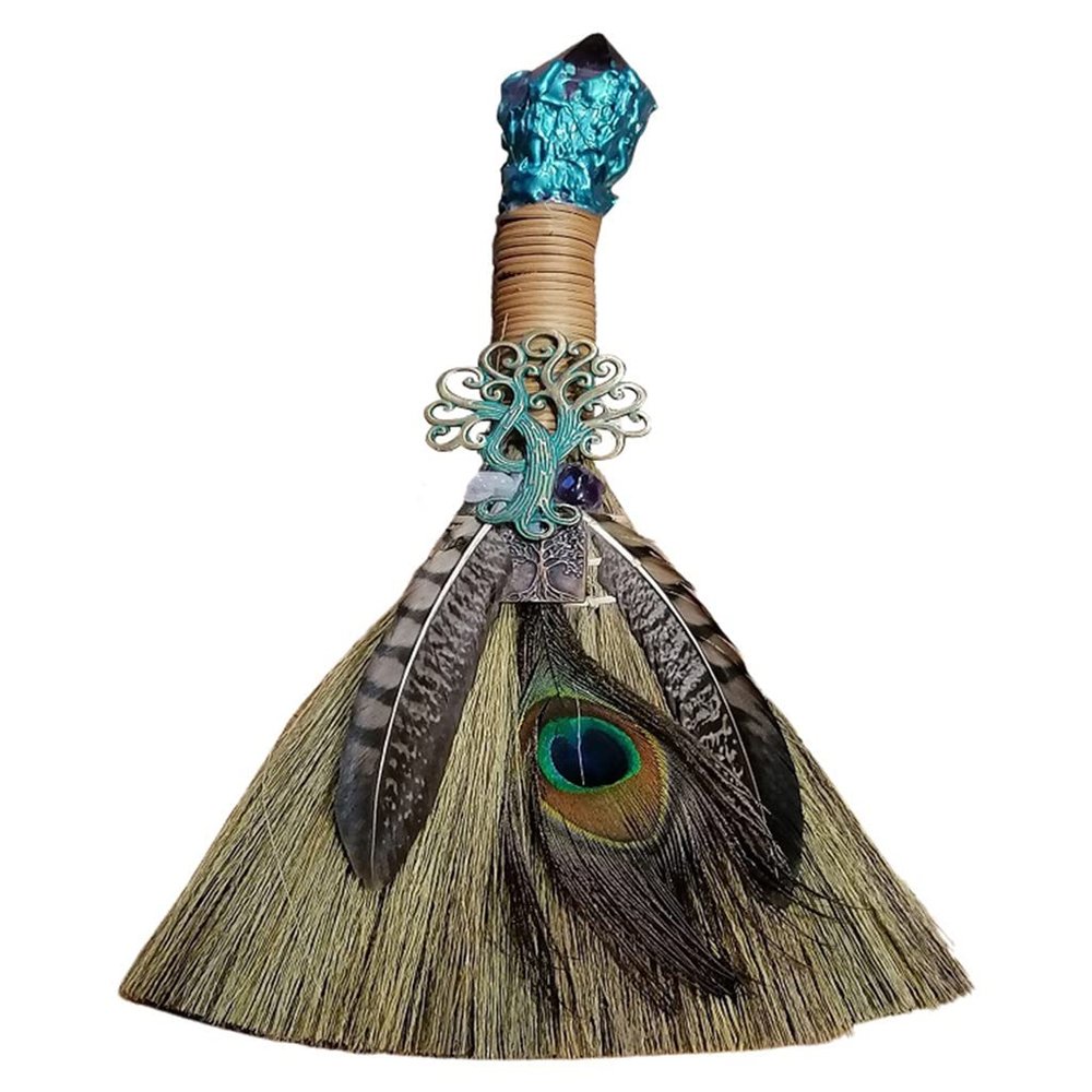 Broom Miscanthus Broom Decorated with Amethyst Crystal Feathered Wicca Brush for Ceremonial Wall Ritual Sacr