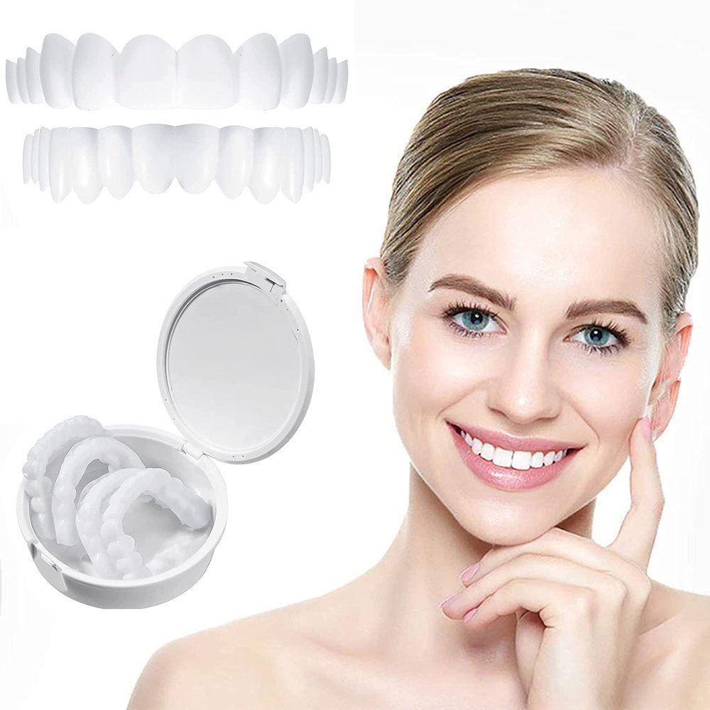 1 Pair False Teeth Veneers Top and Bottom Instant Veneers Fake Teeth White Dentures Instant Perfect Smile Veneers Cosmetic Teeth Whitening Temporary Prosthesis Teeth for Men Women Adult