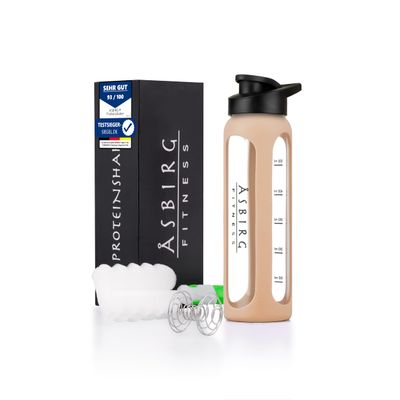 Asbirg Glass Protein Shaker Bottle 700ml  Leakproof & BPA-Free  Borosilicate Glass Gym Shaker with Spiral Mixing Ball for Smooth Protein Shakes, Smoothies, Meal Replacement & Fitness - Beige