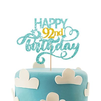 Sky Blue Glitter Happy 92nd Birthday Cake Topper, Ninety Two Years Old Birthday Party Cake Decor, Gold Number 92 Birthday Party Supplies Decorations for Man or Woman
