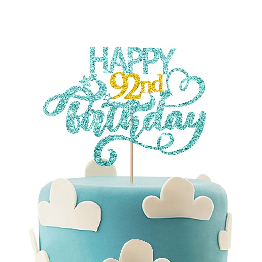 Sky Blue Glitter Happy 92nd Birthday Cake Topper, Ninety Two Years Old Birthday Party Cake Decor, Gold Number 92 Birthday Party Supplies Decorations for Man or Woman
