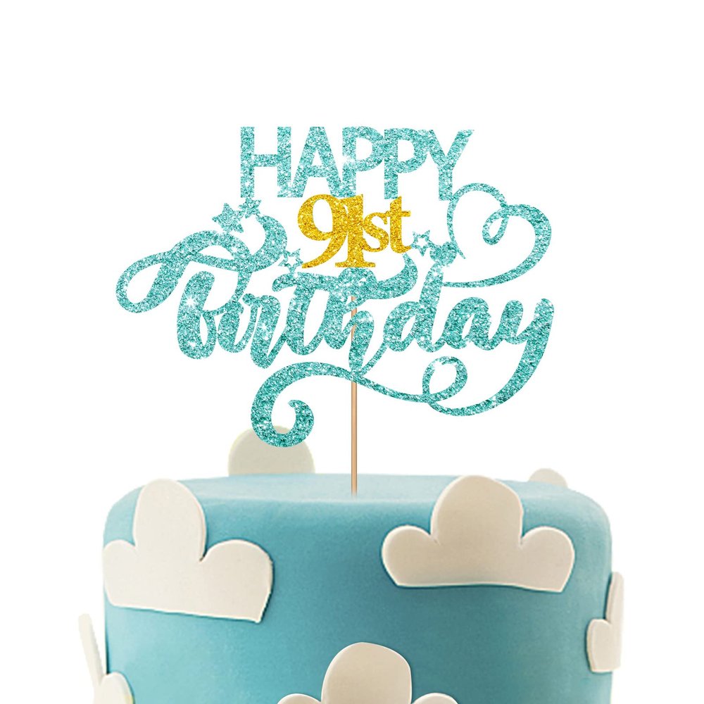 Sky Blue Glitter Happy 91st Birthday Cake Topper, Ninety One Years Old Birthday Party Cake Decor, Gold Number 91 Birthday Party Supplies Decorations for Man or Woman
