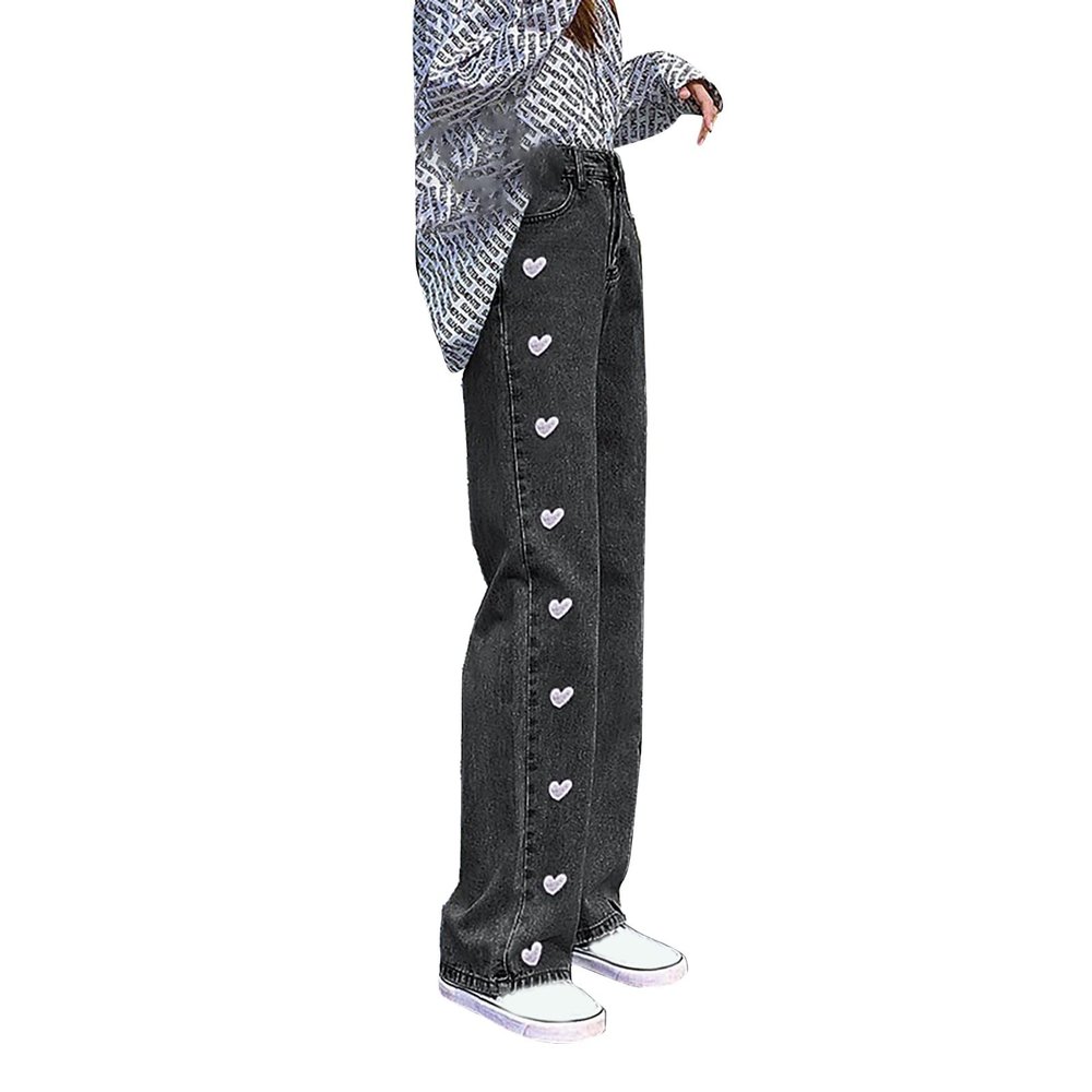 Aesthetic Jeans Fabric Print Streetwear Flared Jeans Women's Vintage Embroidered Jeans Button Placket Flared Denim Flare Jeans Straight Wide Leg Denim Trousers Y2k, gray, S