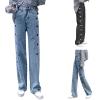 Aesthetic Jeans Fabric Print Streetwear Flared Jeans Women's Vintage Embroidered Jeans Button Placket Flared Denim Flare Jeans Straight Wide Leg Denim Trousers Y2k, gray, S view 2