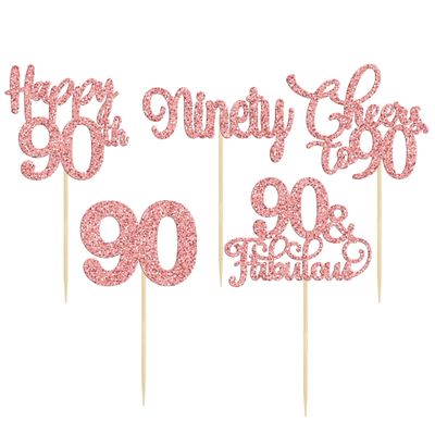 30 Pack Happy 90th Birthday Cupcake Toppers Rose Gold Glitter Ninety Cheers to 90 Years Old Birthday Cupcake Picks for Happy 90th Anniversary Party Cake Decorations