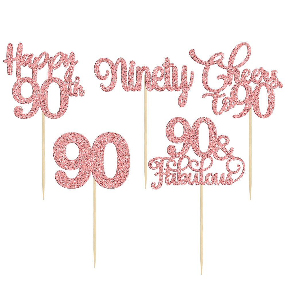 30 Pack Happy 90th Birthday Cupcake Toppers Rose Gold Glitter Ninety Cheers to 90 Years Old Birthday Cupcake Picks for Happy 90th Anniversary Party Cake Decorations