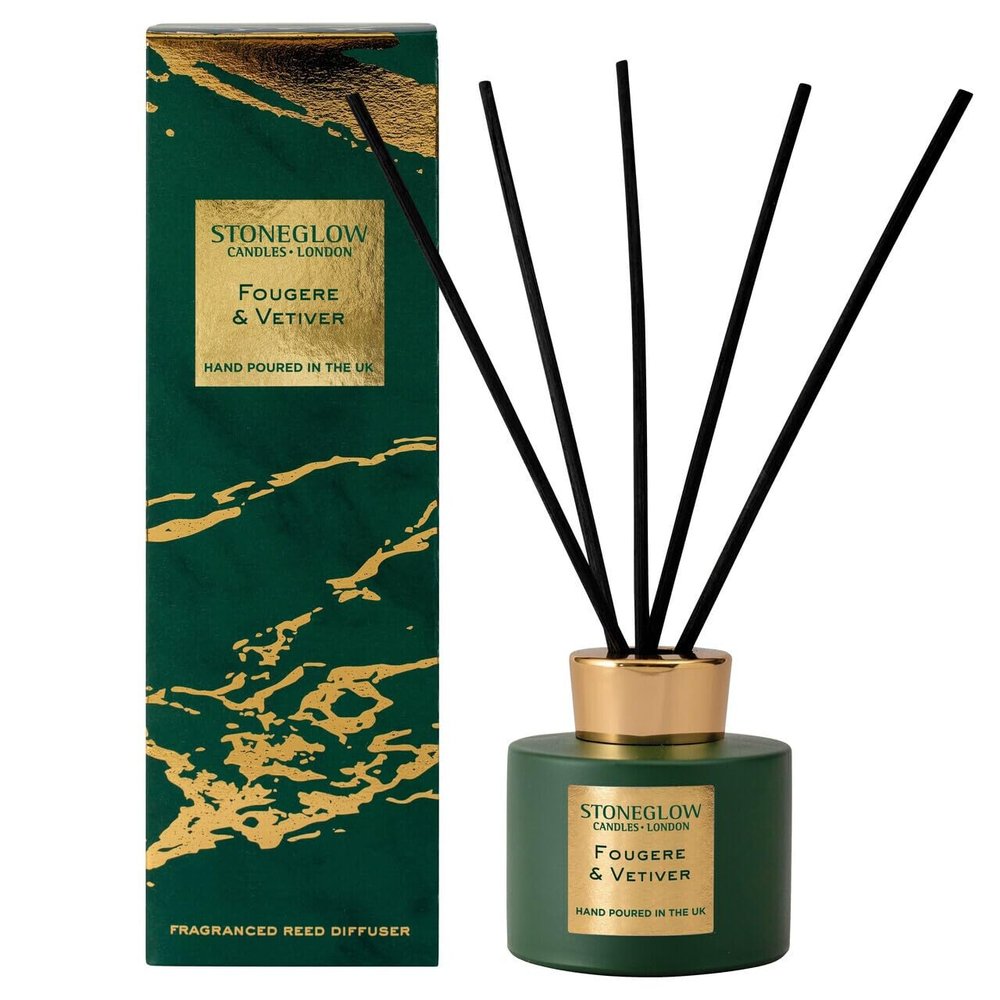 Stoneglow Luna Collection - Fougere & Vetiver 120ml Scented Reed Diffuser of Fougere, Vetiver, Cedarwood, Patchouli and citrus tones, gift for Birthday, Aanniversary - Green & Gold