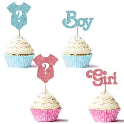 24Pcs Gender Reveal Cupcake Toppers Boy or Girl Glitter Cupcake Picks Kids Birthday Party Decors Baby Shower Party Decoration Supplies