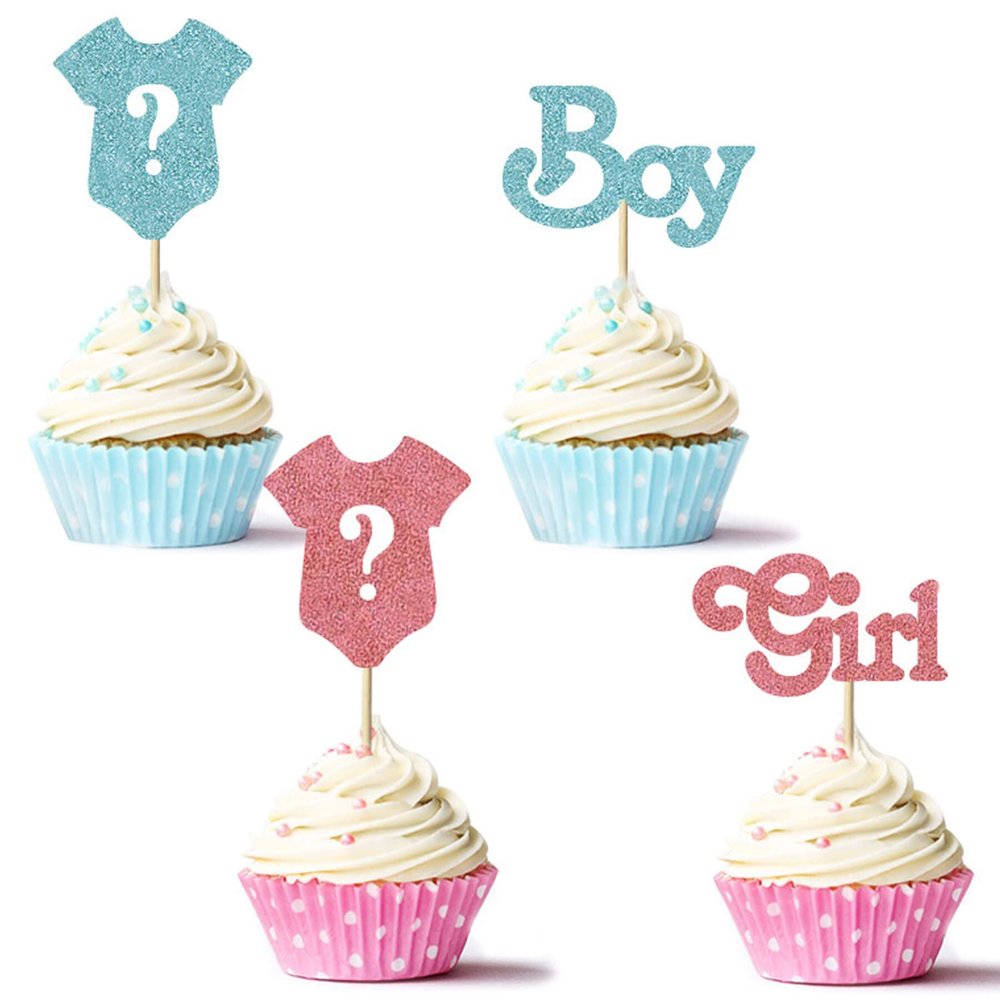 24Pcs Gender Reveal Cupcake Toppers Boy or Girl Glitter Cupcake Picks Kids Birthday Party Decors Baby Shower Party Decoration Supplies