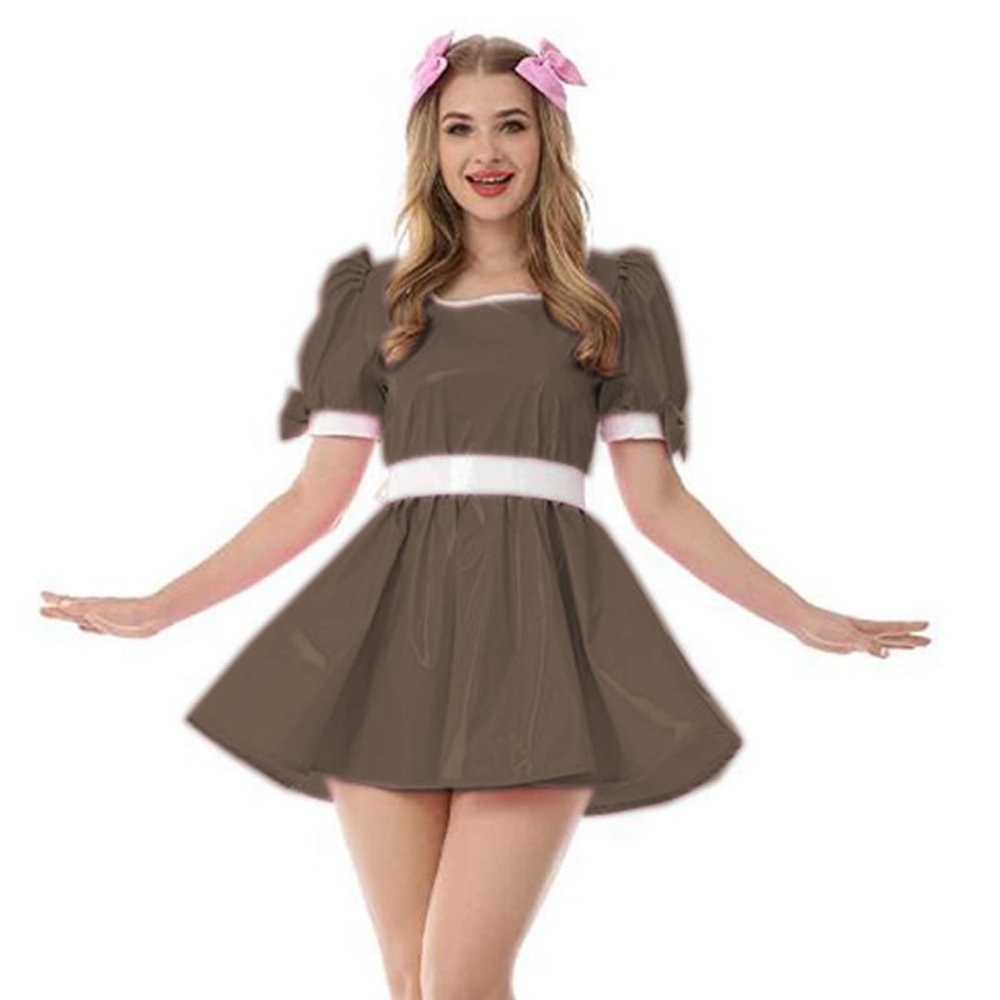 Leather PVC Dress Women Collar Vinyl Mini Dress Summer Maiden Costume Fancy Bow Oversize Female Dress,Dark Brown,XXXL