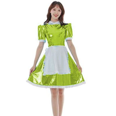 Plus Size Summer Short Sleeve Mini Dress Back Zipper Dress Pleated Vestido Dancing Clubwear with Apron,Light Green,XS
