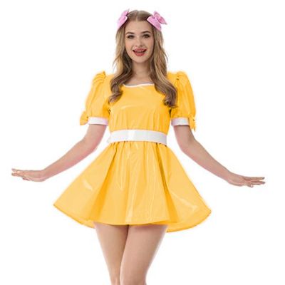 Leather PVC Dress Women Collar Vinyl Mini Dress Summer Maiden Costume Fancy Bow Oversize Female Dress,Yellow,S