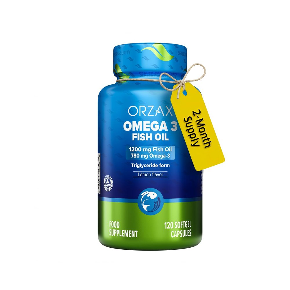 Orzax Fish Oil 1200 mg, EPA&DHA, Triglyceride Form Burpless Omega 3, Lemon Flavor, Supports Heart, Brain, Eyes, and Joints, 120 Softgels,60 Day Supply