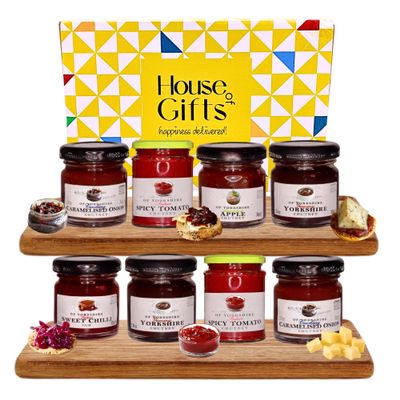 Chutney Hamper Gift Set Compliment for Cheese Hampers including 8 jars of pate including Spicy Tomato, Caremalised Onion, Yorkshire, Apple, & Sweet Chili