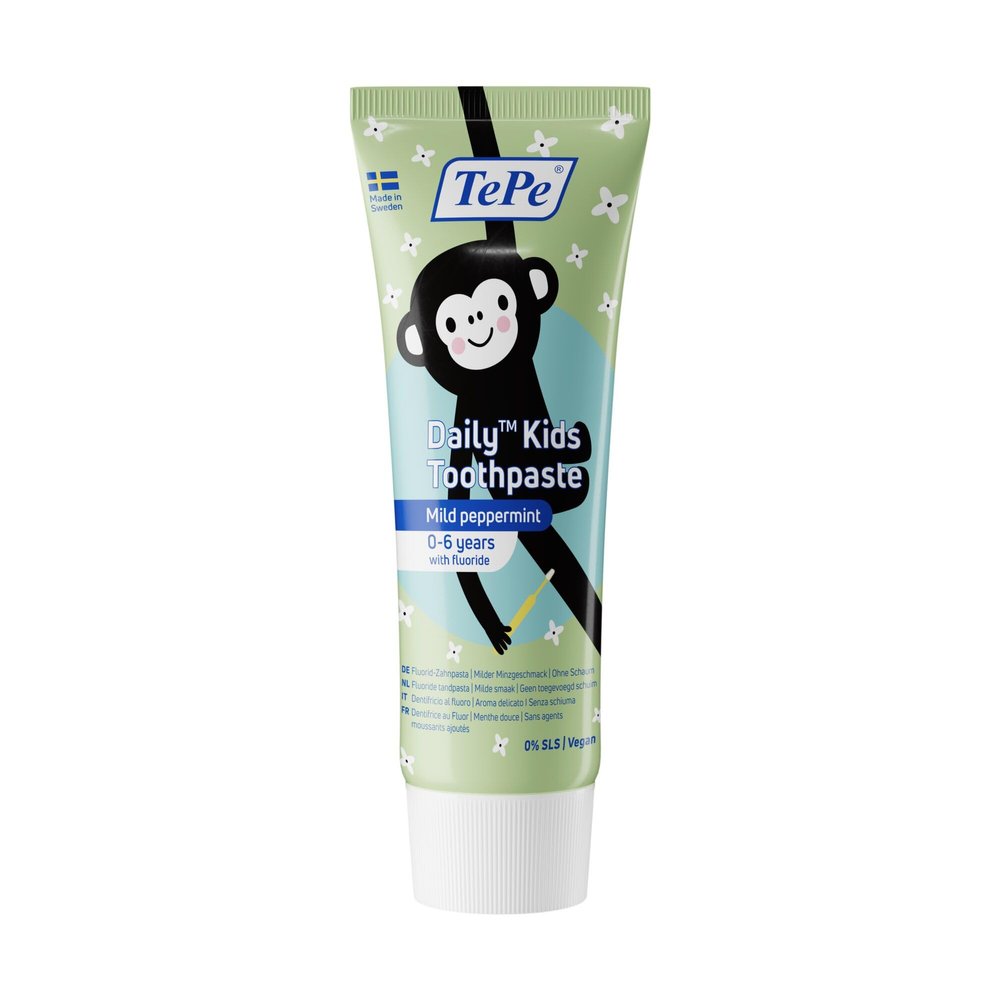 TePe Daily Kids Toothpaste, mild Peppermint, 0-6 Years, Everyday Fluoride Toothpaste for Kids to Prevent Cavities, Age-Appropriate Fluoride Level