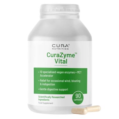 CURA NUTRITION CURAZYME Vital (90 Capsules) Digestive Enzymes Supplement for Gut Health Support, Basic Digest Formula for Bloating, Heartburn, Digestion Relief, Ideal for Sensitive Stomachs, Vegan