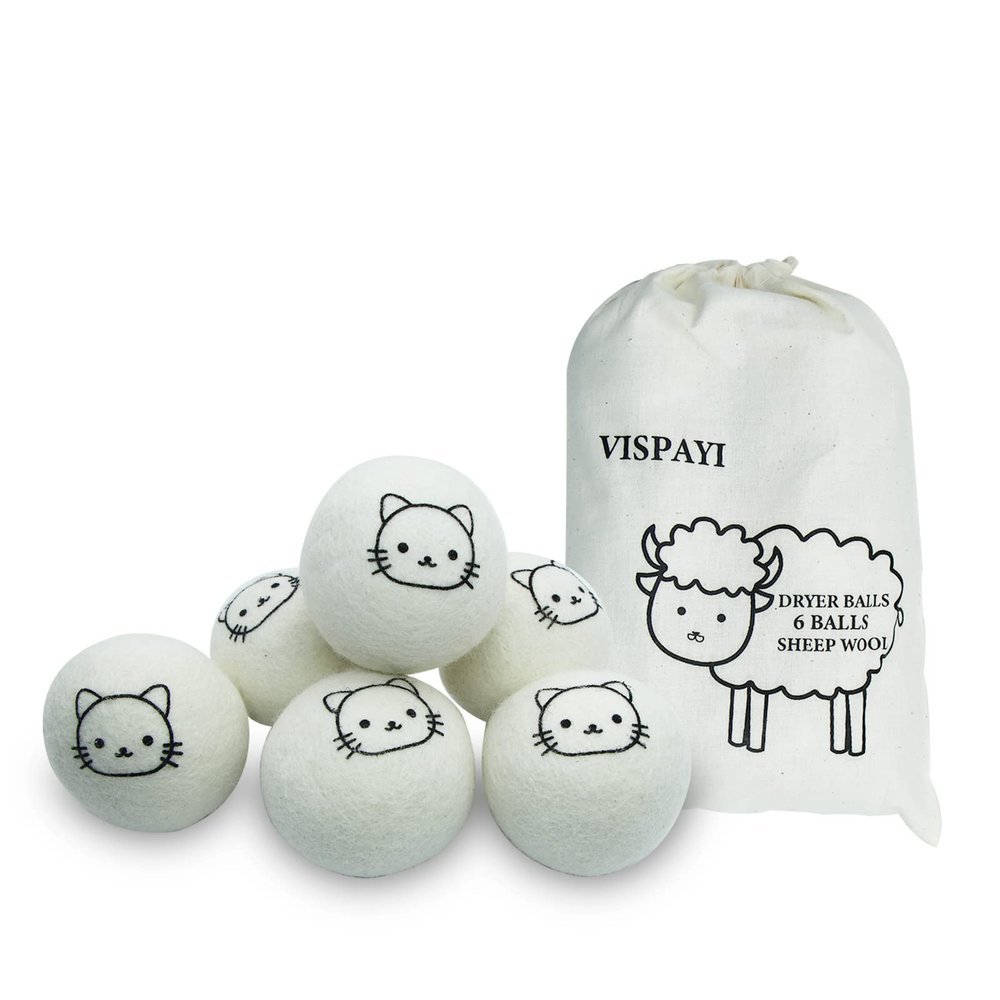 Dryer Balls Laundry Reusable, XL Wool Dryer Balls Cute Cat Face 6 Pack, Fabric Softener Ball, Extra Large Dryer Balls with Cat Pattern, Shorten Drying Time, Organic Wool - Dry 1000+ Loads