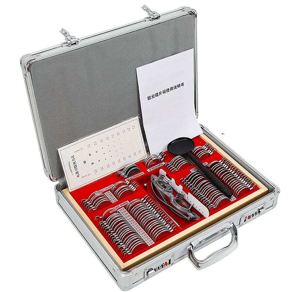 CGLYYDS 104pcs Optometry Box Trial Lens Case Set,Optometry Metal Rim Aluminium Case Kit Set with Optometry Test Trial Frame,Aluminum Case Visual Acuity Test Professional aluminium tray