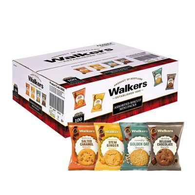 Walker's Shortbread Twin Pack Assorted Biscuits  Multipack with Golden Oat, Belgian Chocolate, Salted Caramel & Ginger, Traditional Scottish Recipe, 25g (100 x Twin Pack)