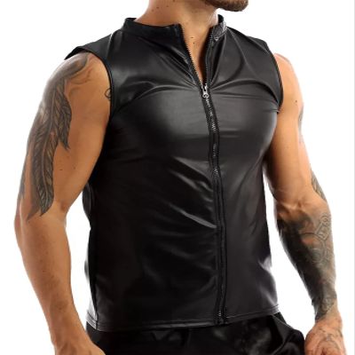 AIEOE Mens Faux Leather T-Shirt Sexy Muscle Shirt Sexy Top Bodycon Party Outfit, Black 05, M