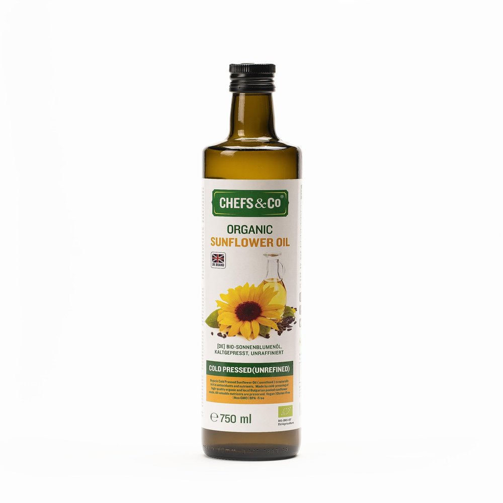 CHEFS & CO Organic Sunflower Oil | Plant-Based Oil | Ideal for Baking, Sauting & Dressings(COLD PRESSED, 750ml (Pack of 1))