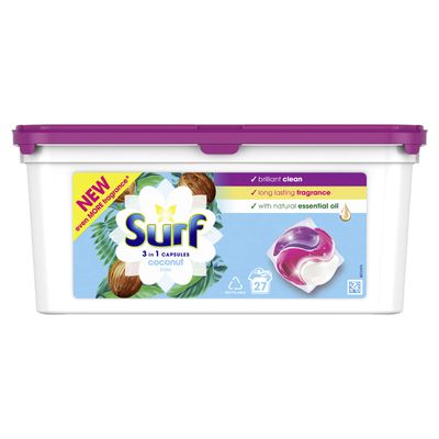 Surf Coconut Bliss 3 in 1 Capsules Washing Capsules even more fragrance* for brilliantly clean laundry every time 27 washes