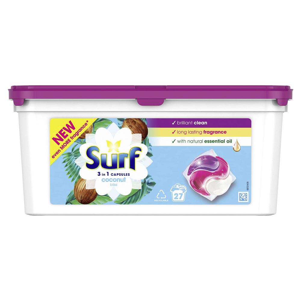 Surf Coconut Bliss 3 in 1 Capsules Washing Capsules even more fragrance* for brilliantly clean laundry every time 27 washes