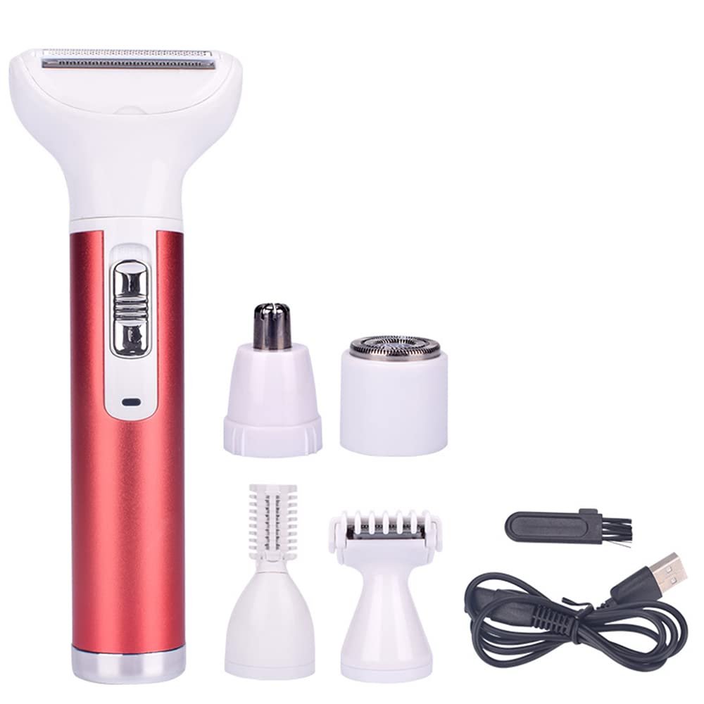 Electric Shaver for Women, Rechargeable Hair Removal Electric Razor USB Charging 5 in 1 Painless Shaver for Bikini Women Area/Nose/Armpit/Arm/Leg Hair Trimmer (Red)
