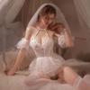 QNCLO Women's sexy perspective lace cut out bride cosplay headdress sexy lingerie white black (white2) view 3