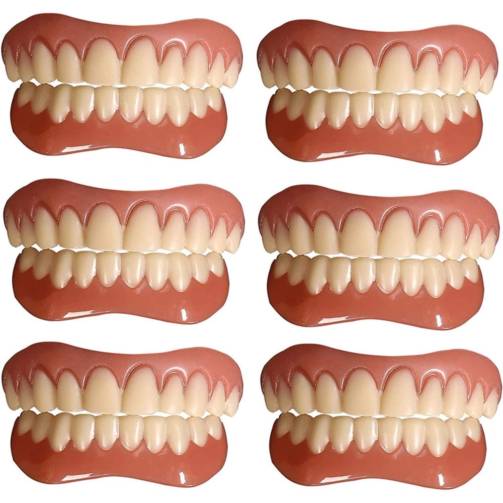 PROPFE Instant False Teeth Unisex Temporary Veneers False Teeth Top Bottom Silicone Dentures Cover Alternative Dentures for Men And Women Natural Tone Reusable,6 pairs