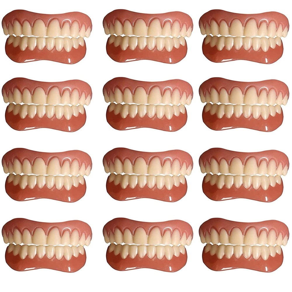 PROPFE Instant False Teeth Unisex Temporary Veneers False Teeth Top Bottom Silicone Dentures Cover Alternative Dentures for Men And Women Natural Tone Reusable,12 pairs
