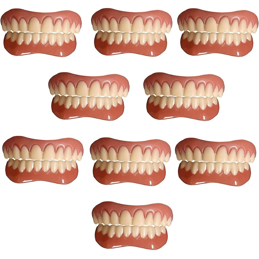 PROPFE Instant False Teeth Unisex Temporary Veneers False Teeth Top Bottom Silicone Dentures Cover Alternative Dentures for Men And Women Natural Tone Reusable,9 pairs