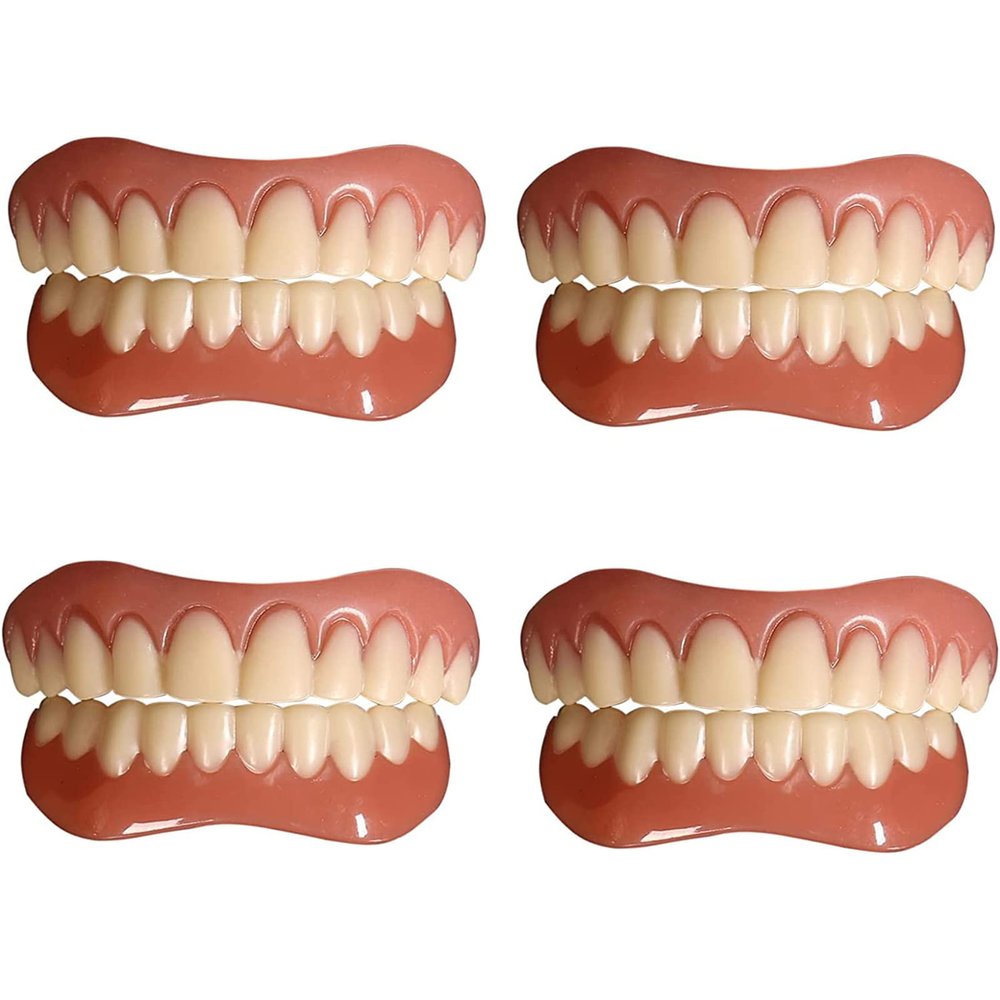 PROPFE Instant False Teeth Unisex Temporary Veneers False Teeth Top Bottom Silicone Dentures Cover Alternative Dentures for Men And Women Natural Tone Reusable,4 pair