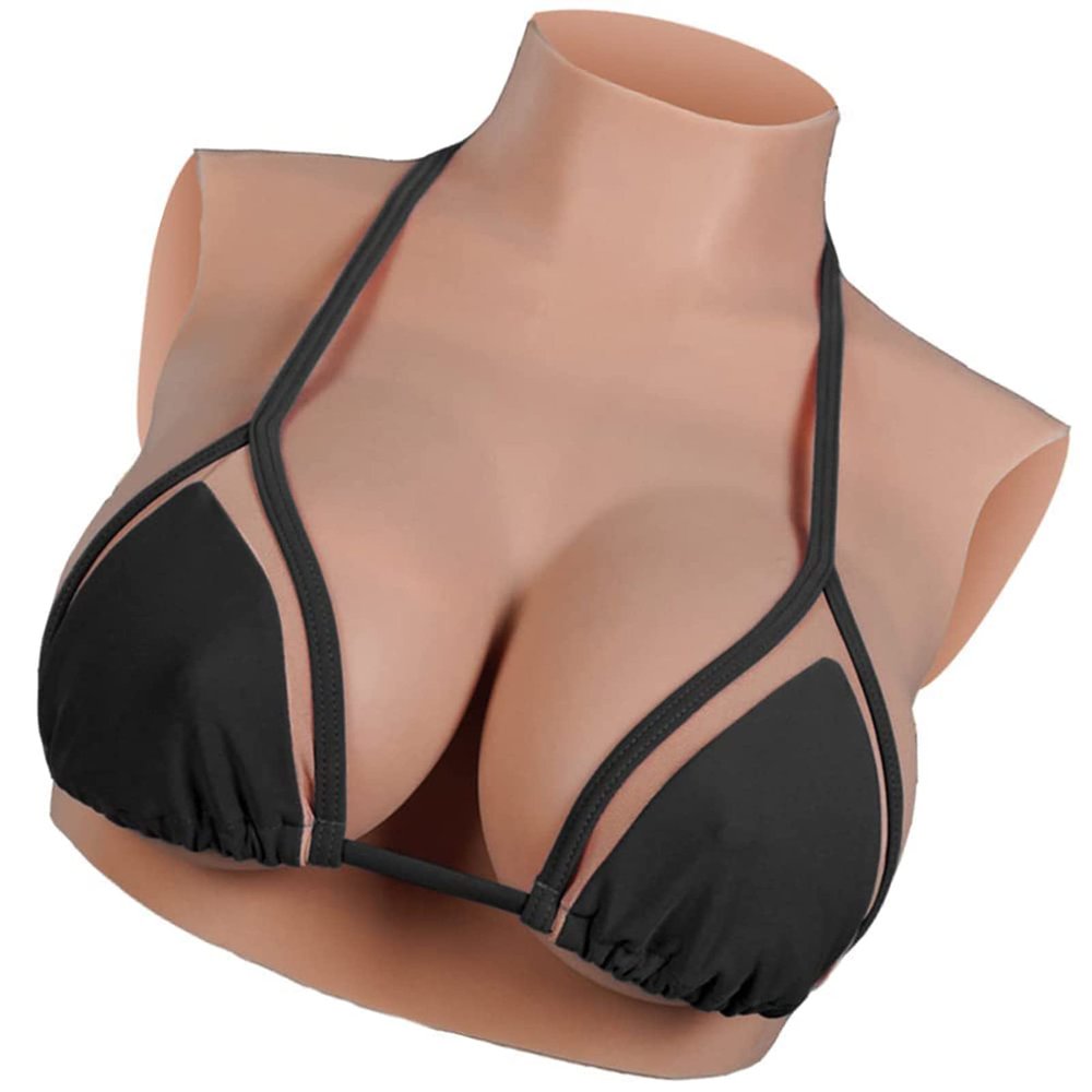DUEVEL Silicone Gel Filled Breastplate Fake Boobs Enhancer High Collar Realistic Breast Plates for Transgender Drag Queen Cosplay,Silicone Filled white,F`Cup
