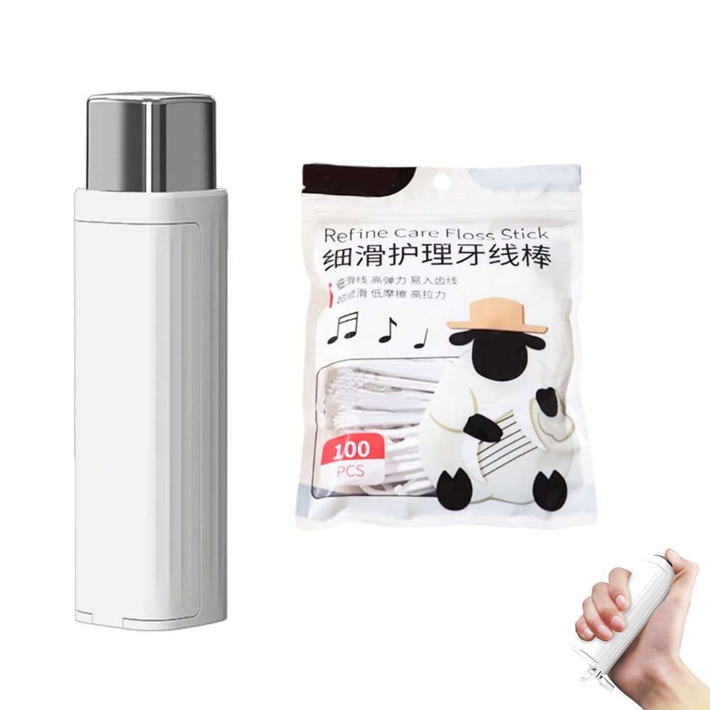 Dental Floss Dispenser, Portable Dental Floss Dispenser with 100 Dental Floss Sticks, Automatic Popup Dental Floss Dispenser, Reusable Floss Dispenser, Dental Floss Storage Box for Travel (White)