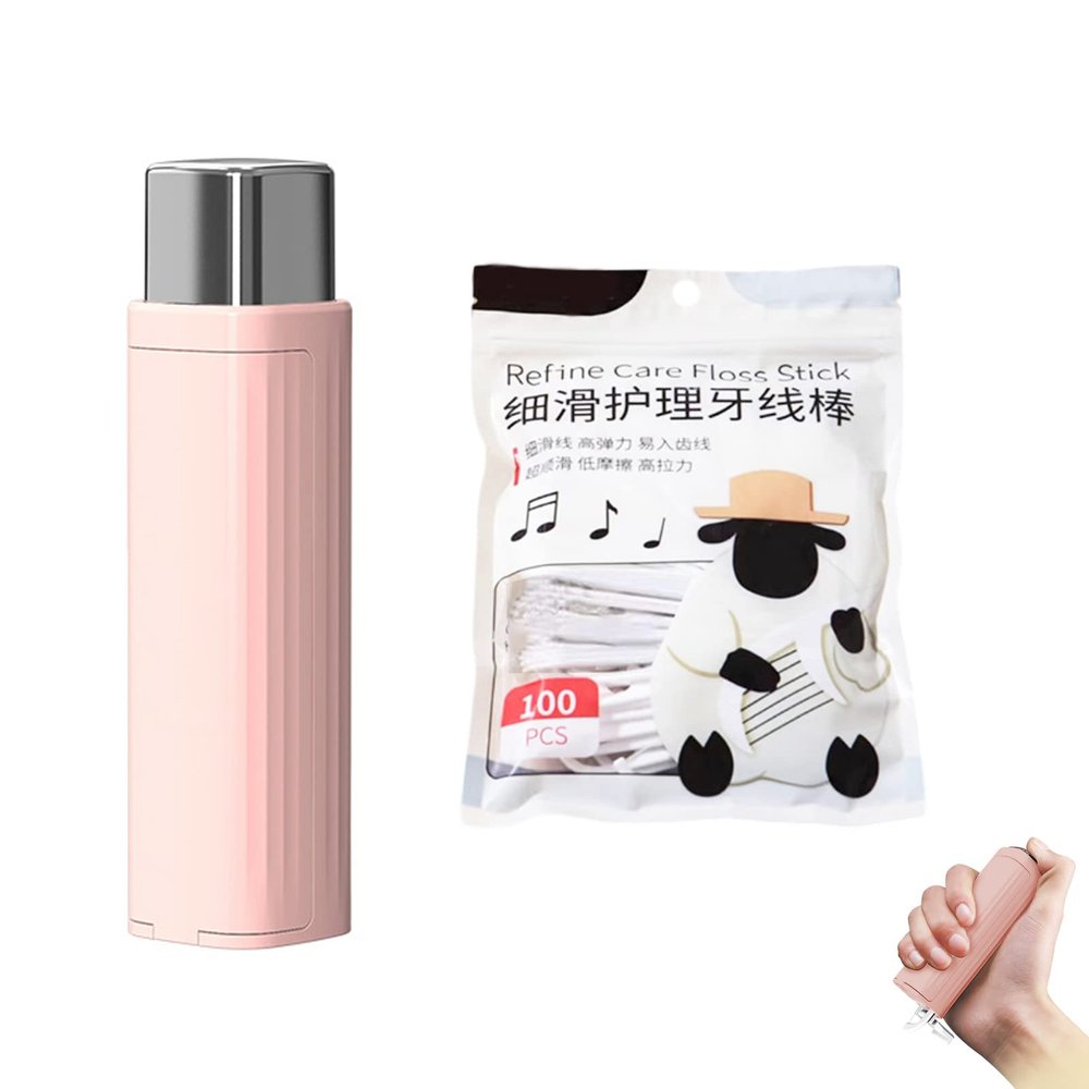 Dental Floss Dispenser Portable Dental Floss Dispenser with 100 Dental Floss Sticks Automatic Popup Dental Floss Dispenser Reusable Floss Dispenser Dental Floss Storage Box for Travel (Pink)