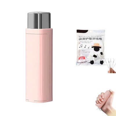 Portable Floss Dispenser, Lipstick Shape Dental Floss Stick Organizer Refillable Automatic Pop-Up Dental Floss Picks Organizer with 100Pcs Dental Floss for Dental Cleaning (Pink)