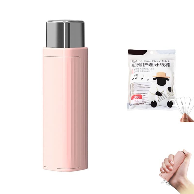 Portable Floss Dispenser, Lipstick Shape Dental Floss Stick Organizer Refillable Automatic Pop-Up Dental Floss Picks Organizer with 100Pcs Dental Floss for Dental Cleaning (Pink)