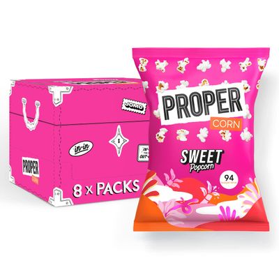 PROPER Popcorn, 90g Sharing Bag, Pack of 8, 94 kcal, Natural Flavourings, Vegan, Gluten-Free (Sweet Popcorn)