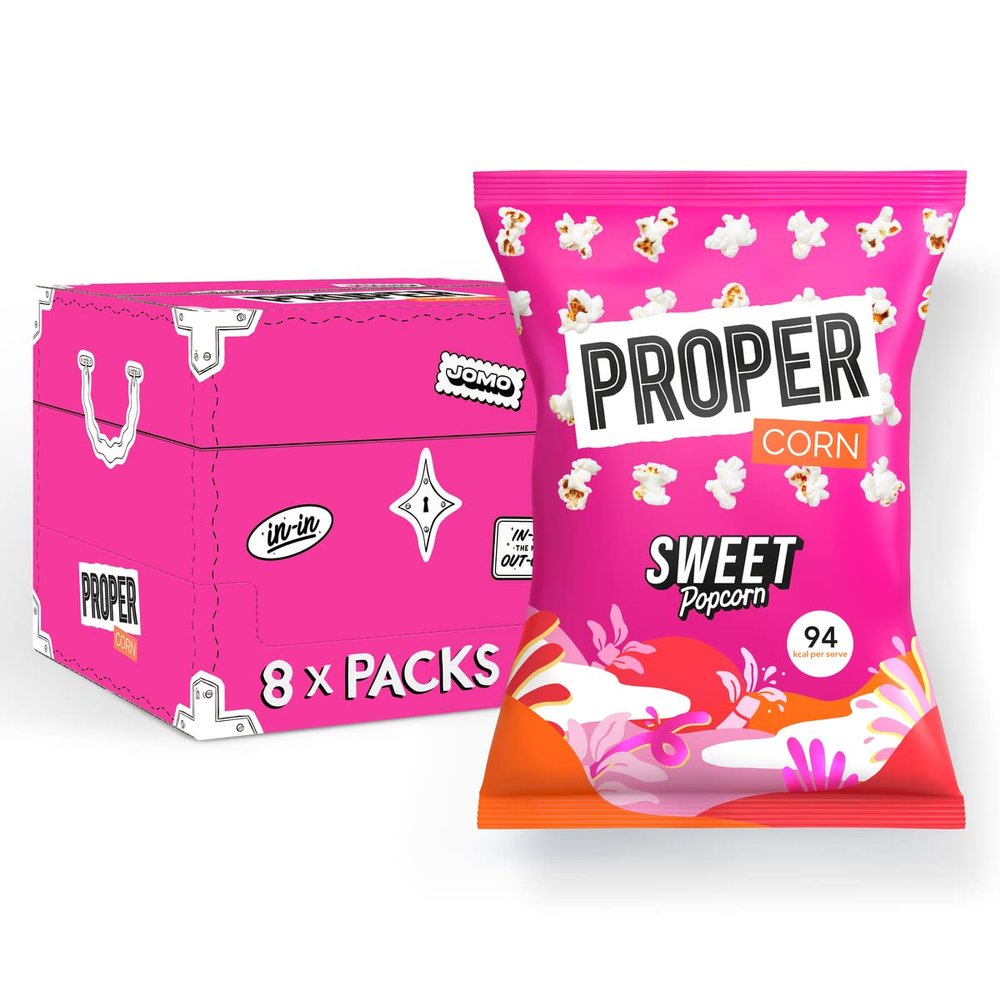 PROPER Popcorn, 90g Sharing Bag, Pack of 8, 94 kcal, Natural Flavourings, Vegan, Gluten-Free (Sweet Popcorn)
