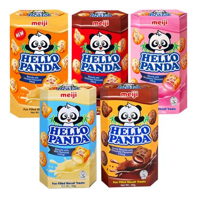 Meiji Hello Panda Biscuits Flavoured Fillings Snacks (Pack of 5 Assorted Flavours) Halal