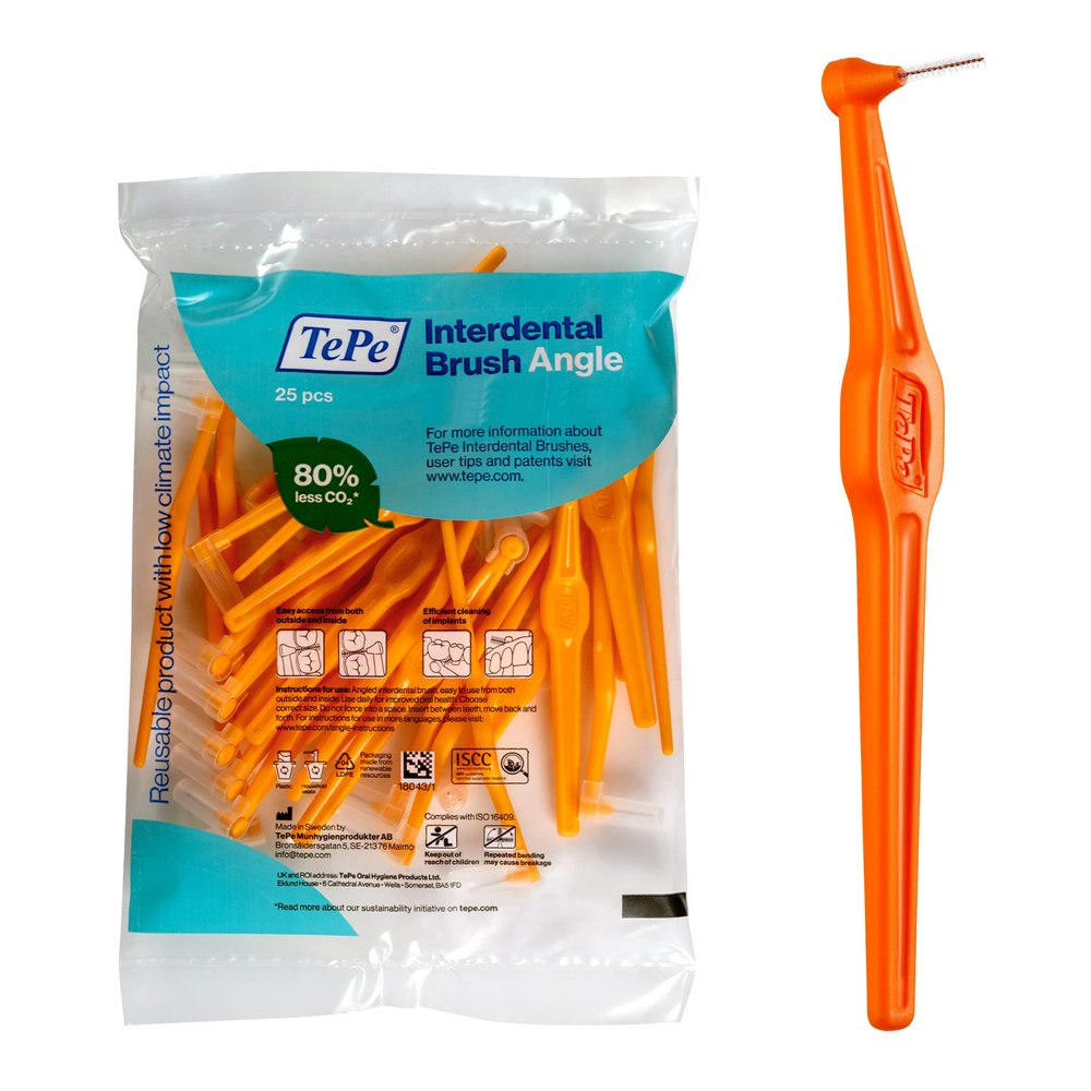 TePe Interdental Brush Angle, Angled Dental Brush for Teeth Cleaning, Pack of 25, 0.45 mm, Extra-Small/Small Gaps, Orange, Size 1