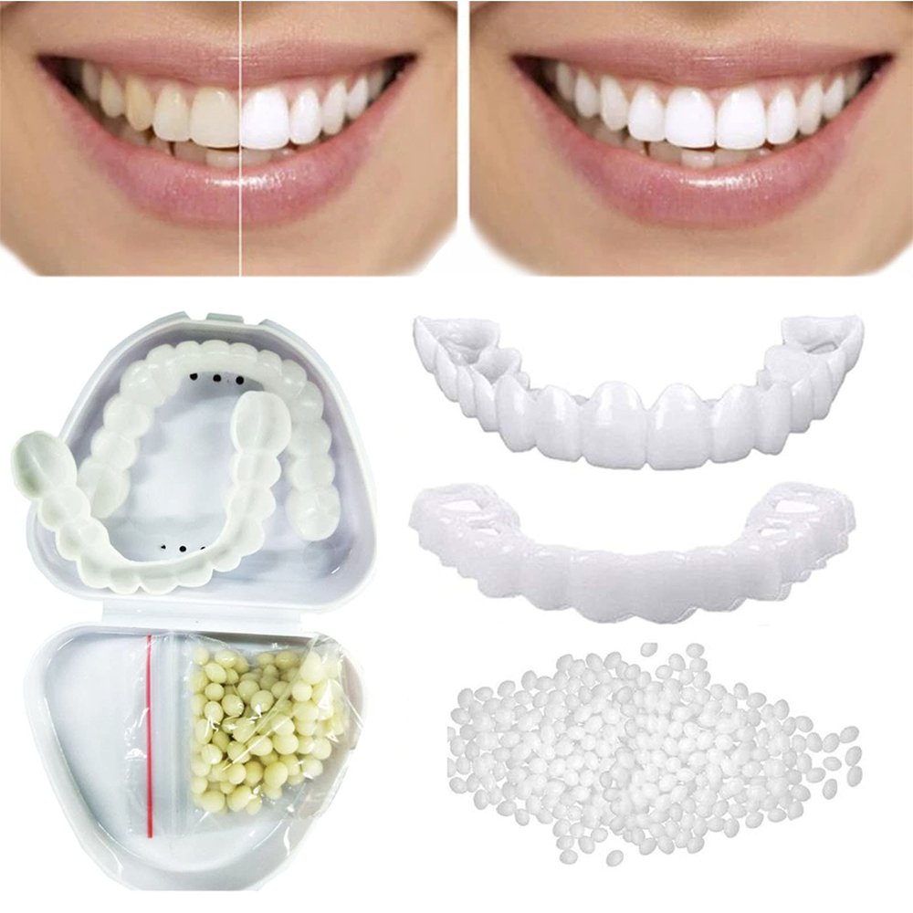 2 Pairs False Teeth Braces Instant Veneers Dentures, Instant Perfect Smile Top And Bottom Comfortable Snap on Veneers Fake Teeth Veneers Cover Simulated Teeth, for Regain Confidence Smile