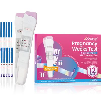 Accufast Pregnancy Test Weeks Indicator - Combo Pack 12 Tests, 2 Pregnancy Weeks Test Sticks 25 MIU/ml, 10 hCG Test Strips 10 MIU/ml, Ultra Early 2 Ways Check - Tells You How Many Weeks (12 Tests)