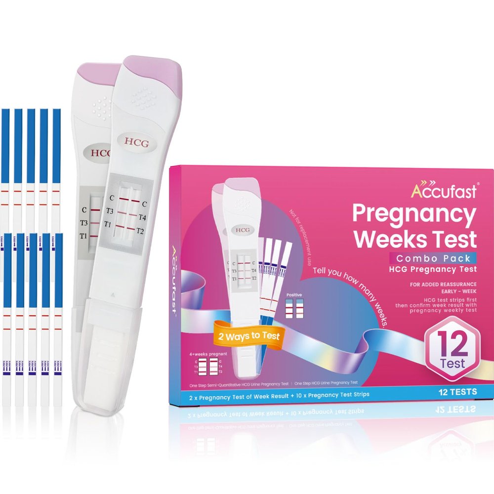 Accufast Pregnancy Test Weeks Indicator - Combo Pack 12 Tests, 2 Pregnancy Weeks Test Sticks 25 MIU/ml, 10 hCG Test Strips 10 MIU/ml, Ultra Early 2 Ways Check - Tells You How Many Weeks (12 Tests)